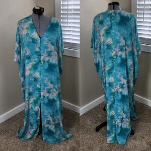 NWT Calme by Johnny Was V-Neck Maxi Kaftan Dress Size L/XL Blue Tie-Dye